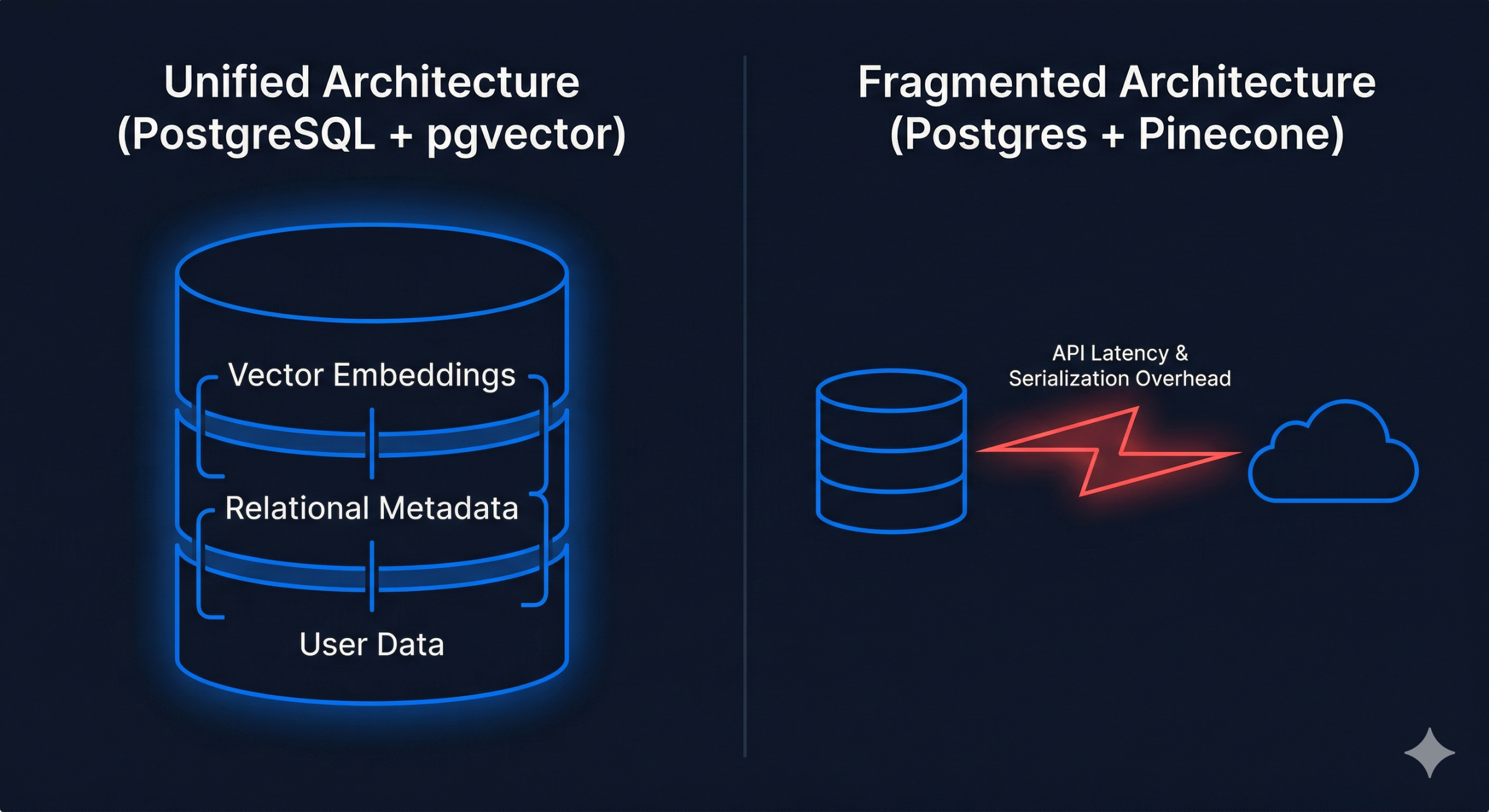 Figure 1: Architectural comparison between a unified pgvector deployment (zero-latency transactions) and a fragmented Pinecone stack (high-latency API overhead).
